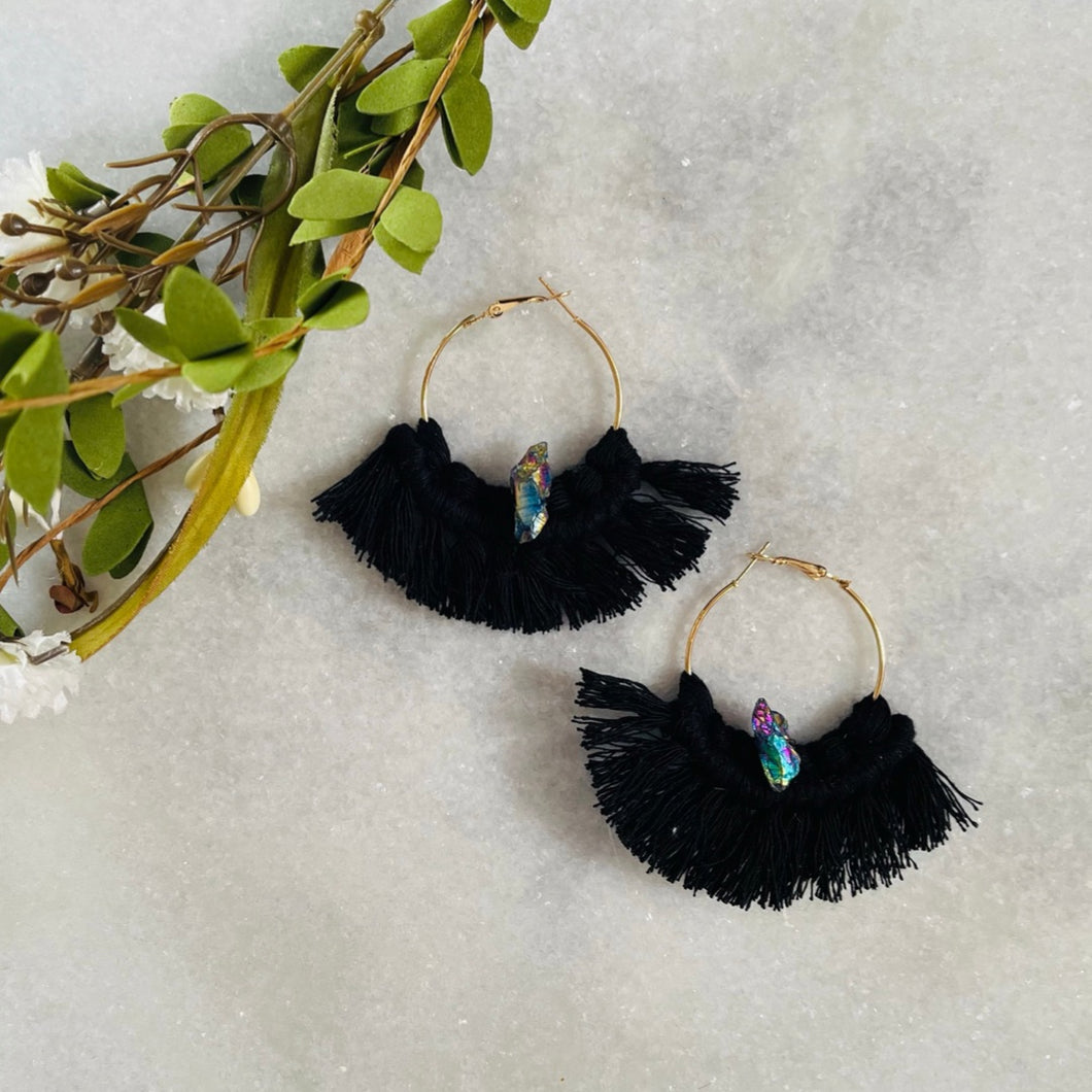 Black and quartz stone hoop earrings